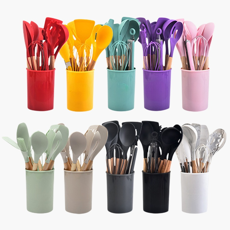 나무 손잡이 실리콘 주방기구 세트