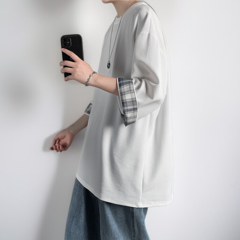 ビッグサイズルーズサマーメンズ半袖Tシャツ ラウンドネックTシャツ 学生チェック柄トップス