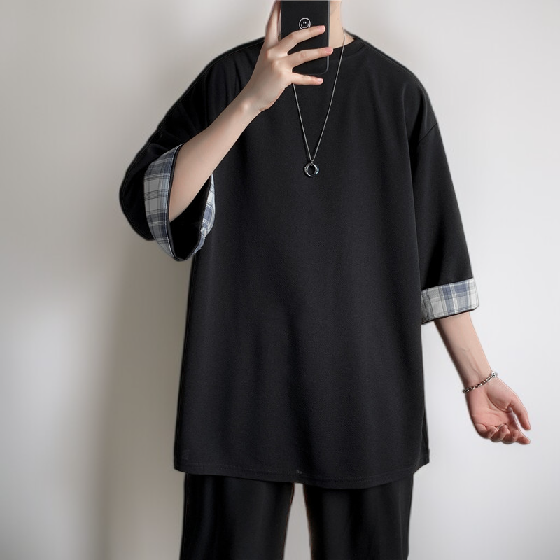 ビッグサイズルーズサマーメンズ半袖Tシャツ ラウンドネックTシャツ 学生チェック柄トップス