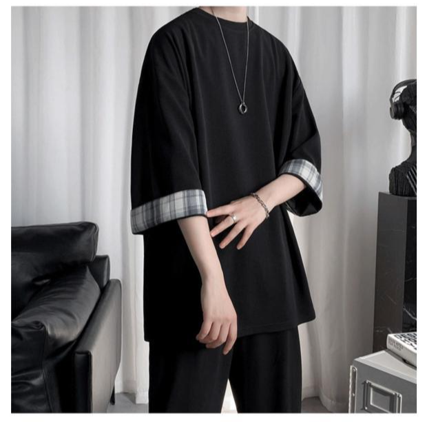 ビッグサイズルーズサマーメンズ半袖Tシャツ ラウンドネックTシャツ 学生チェック柄トップス