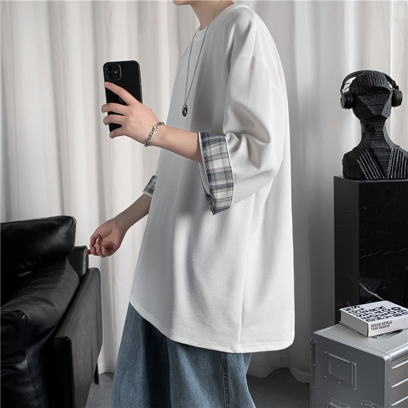 ビッグサイズルーズサマーメンズ半袖Tシャツ ラウンドネックTシャツ 学生チェック柄トップス