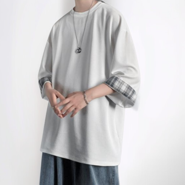 ビッグサイズルーズサマーメンズ半袖Tシャツ ラウンドネックTシャツ 学生チェック柄トップス