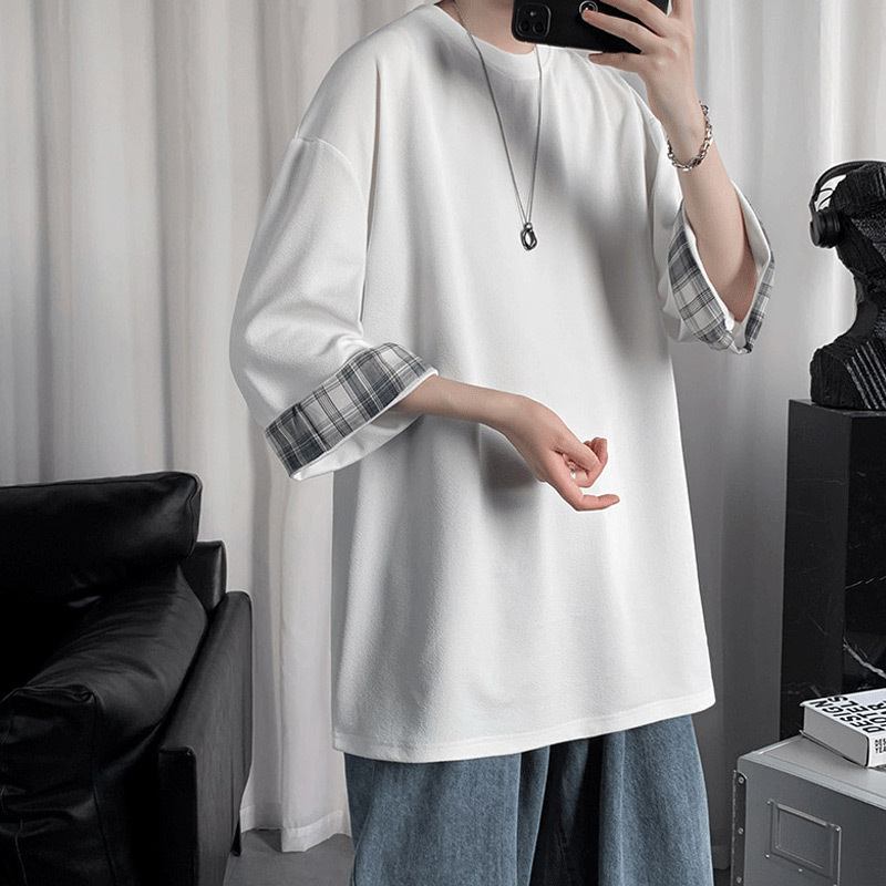 ビッグサイズルーズサマーメンズ半袖Tシャツ ラウンドネックTシャツ 学生チェック柄トップス