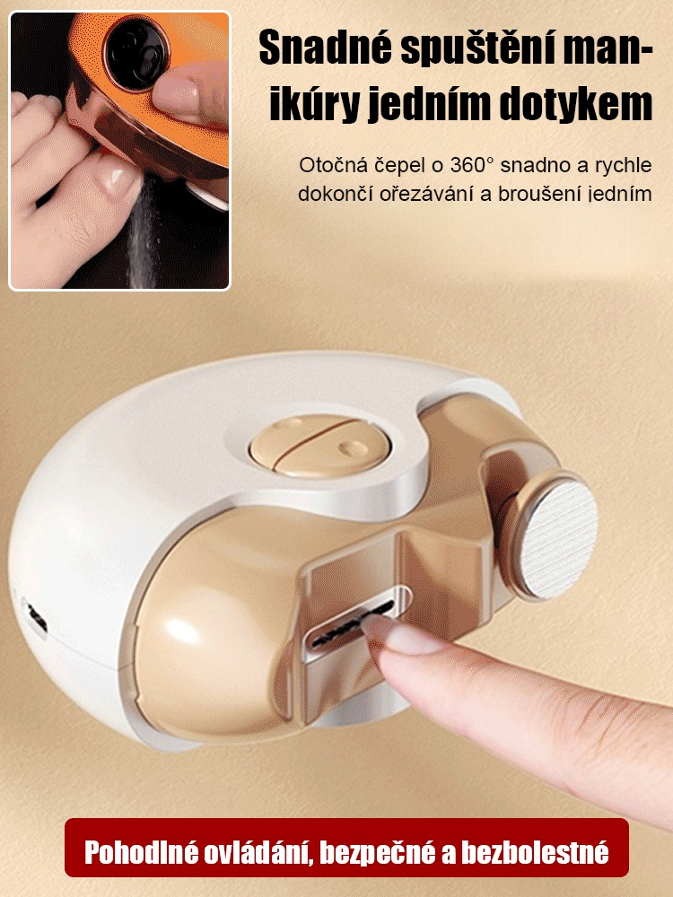 Elektrický pilník na nehty s tichým provozem, který je šetrný k rukám.