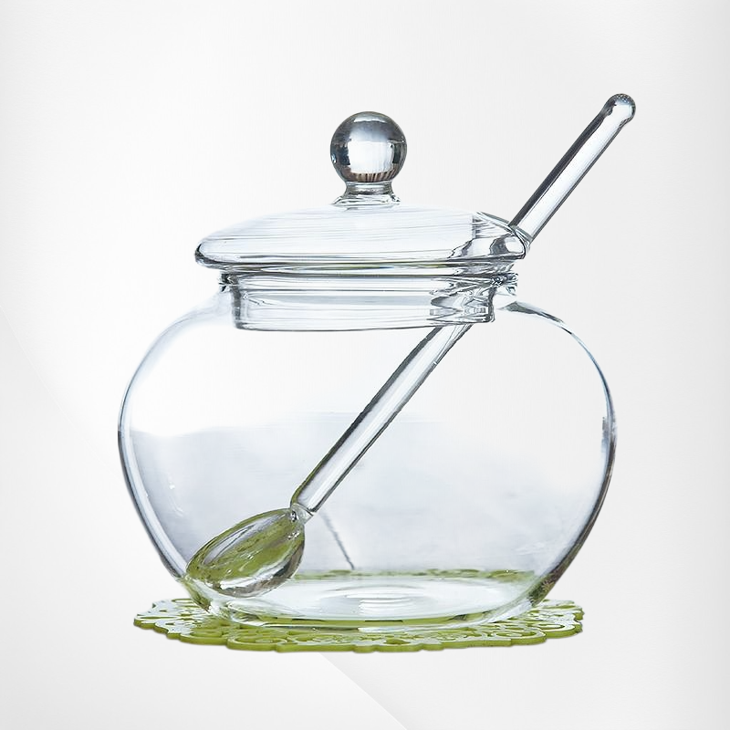 多用途透明ガラス瓶 蓋・スプーン付き ティー・砂糖・はちみつ・ミルクパウダー入れ