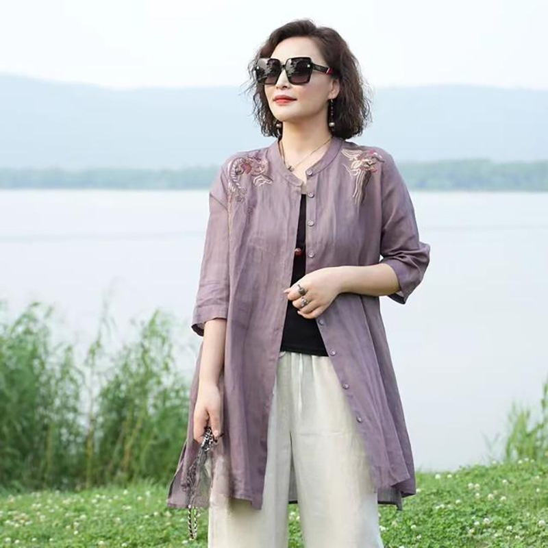 レディースミディアムロング刺繍半袖シャツ