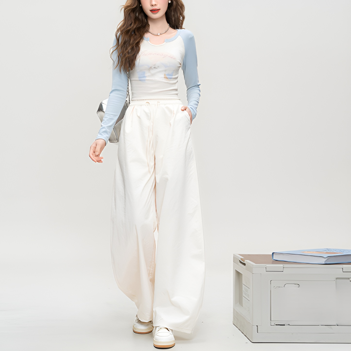 シミターワイドレッグパンツレディースパンツ夏新作ルーズパンツカジュアルハイウエストパンツドレープカーブパンツモップロングパンツ