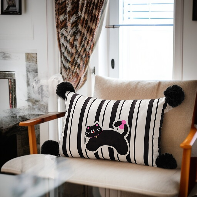 Black cat striped pillow