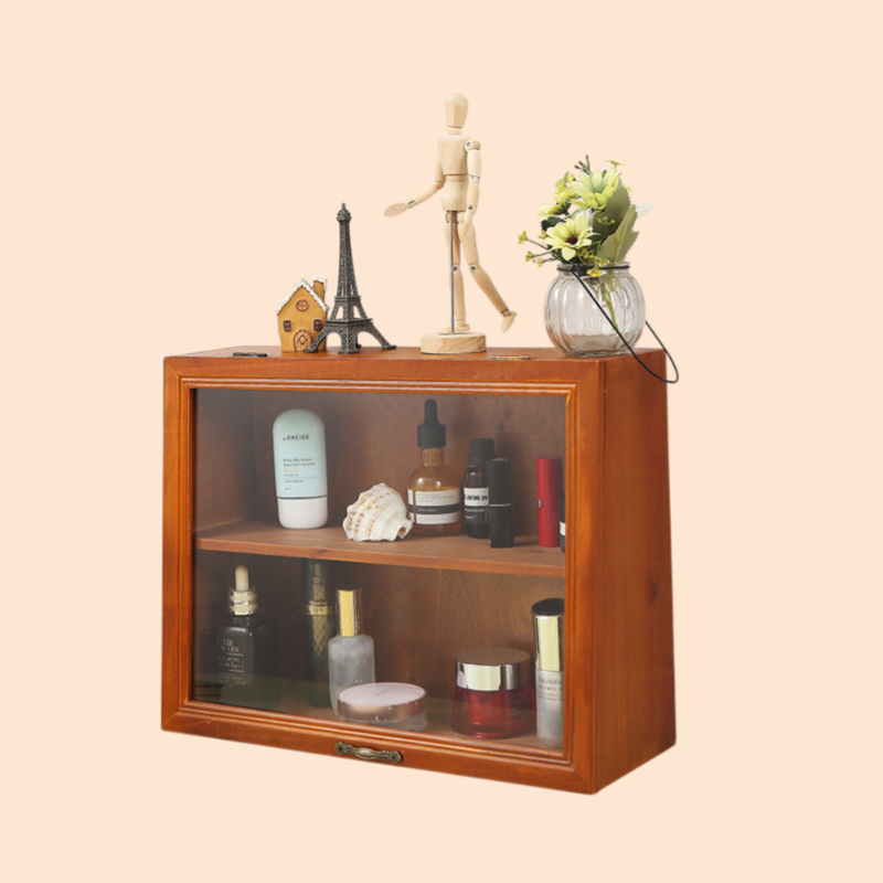 Retro solid wood with door flip cover glass dustproof two-layer cosmetics storage box display cabine