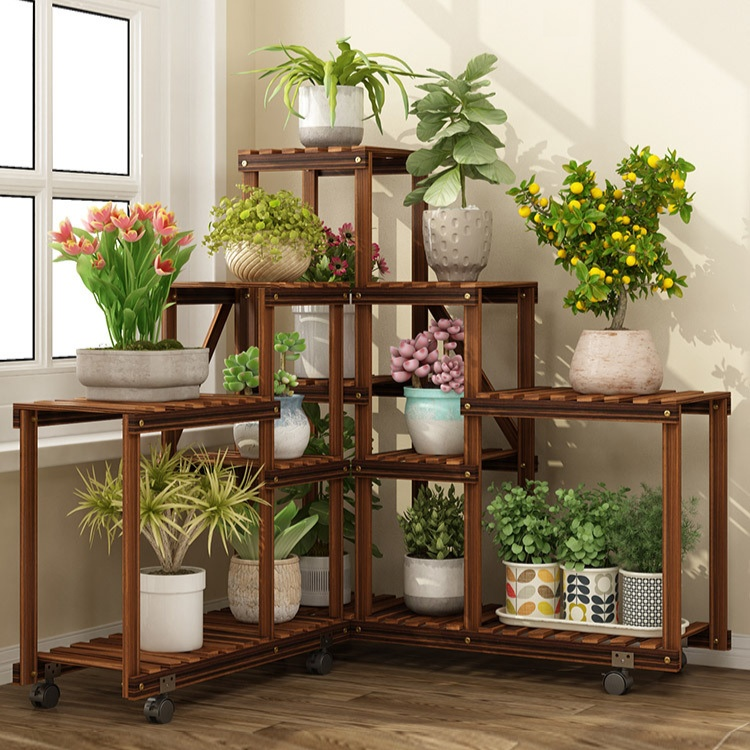 Indoor multi-layer solid wood flower pot storage rack