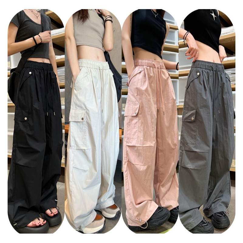 여름 하이웨스트 와이드 카고 팬츠 멀티 포켓 속건 조거 캐주얼 팬츠 여 카고 팬츠 와이드 여름 조거 팬츠