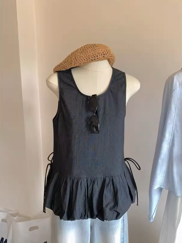 여성용 민소매 레이스업 플라워 버드 캐주얼 조끼