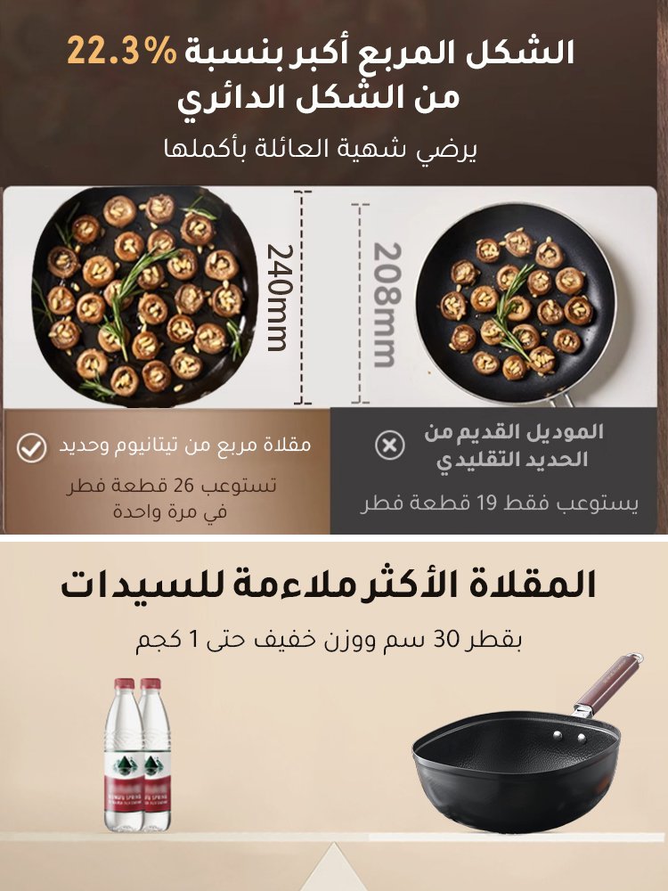 مقلاة مربعة غير لاصقة بنقشة المطرقة من التيتانيوم