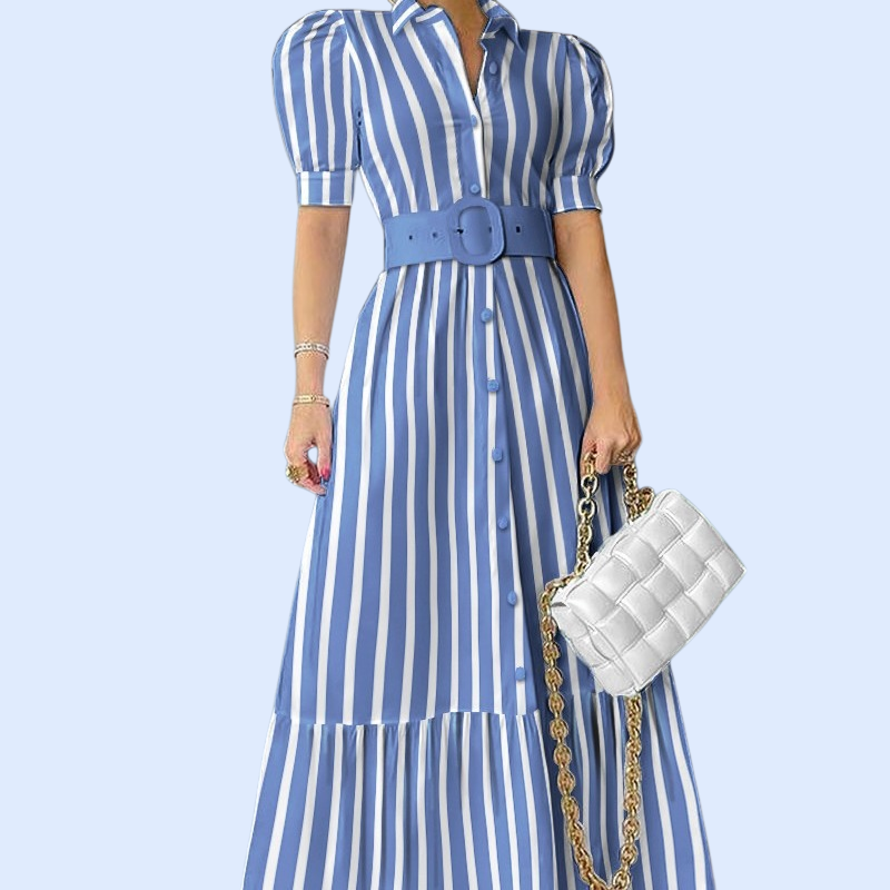 فستان طويل متأرجح، مناسب للتنقل، بأكمام طويلة وقصيرة، مع حزام