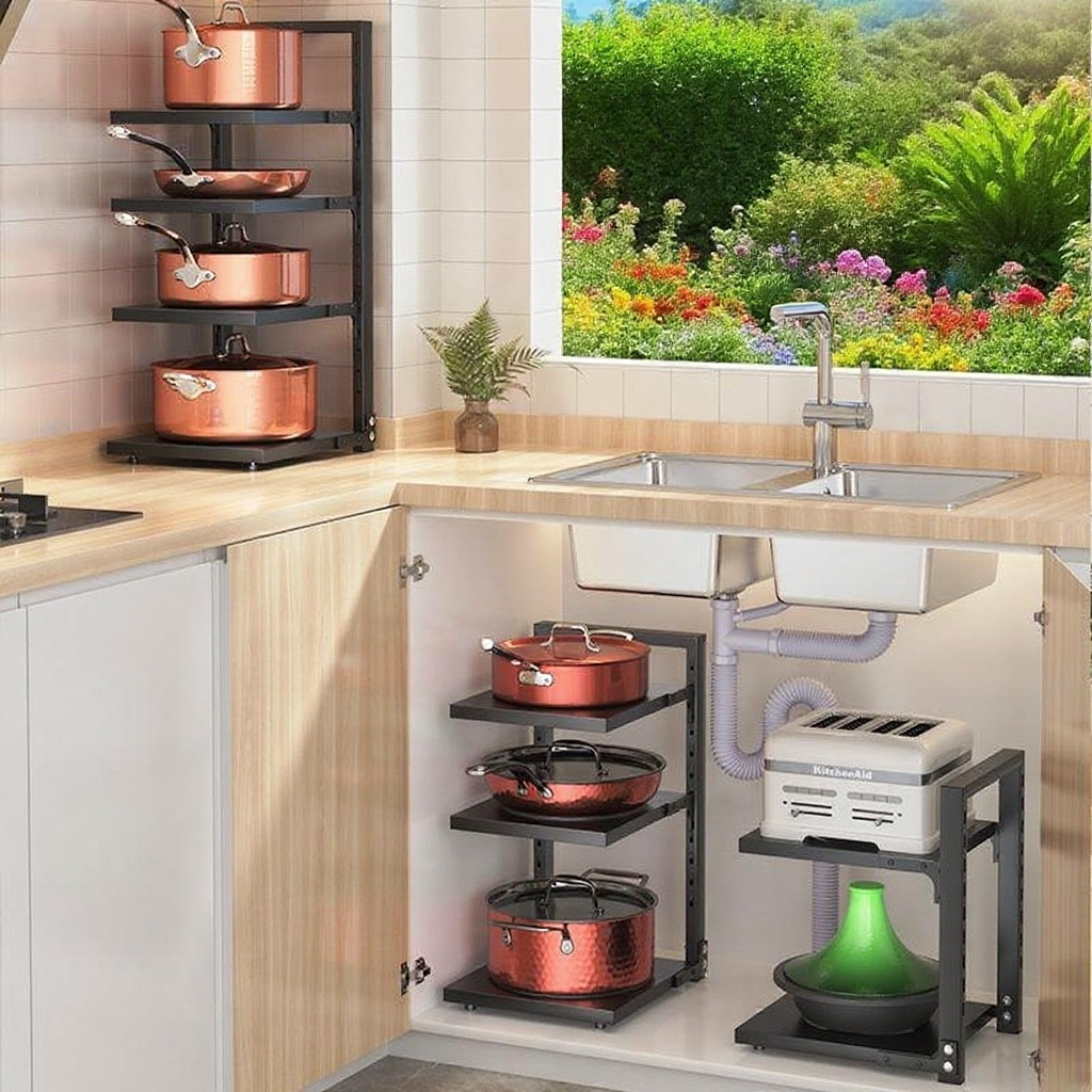ชั้นวางหม้อหลายชั้นมัลติฟังก์ชั่นสำหรับห้องครัว