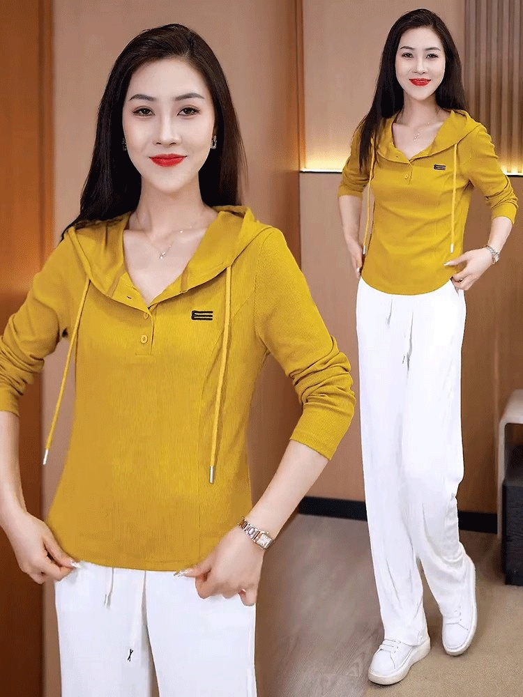 여성용 숏 슬림핏 스트레치 후드 티셔츠