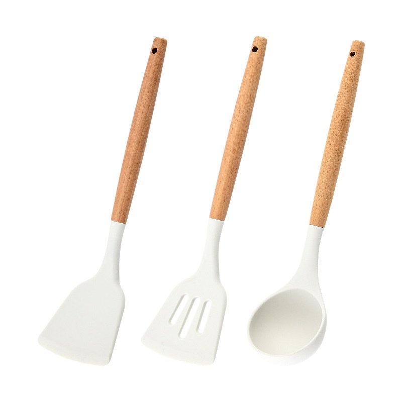 Wooden handle silicone kitchenware three-piece set soup spoon spatula kitchenware set non-stick stea