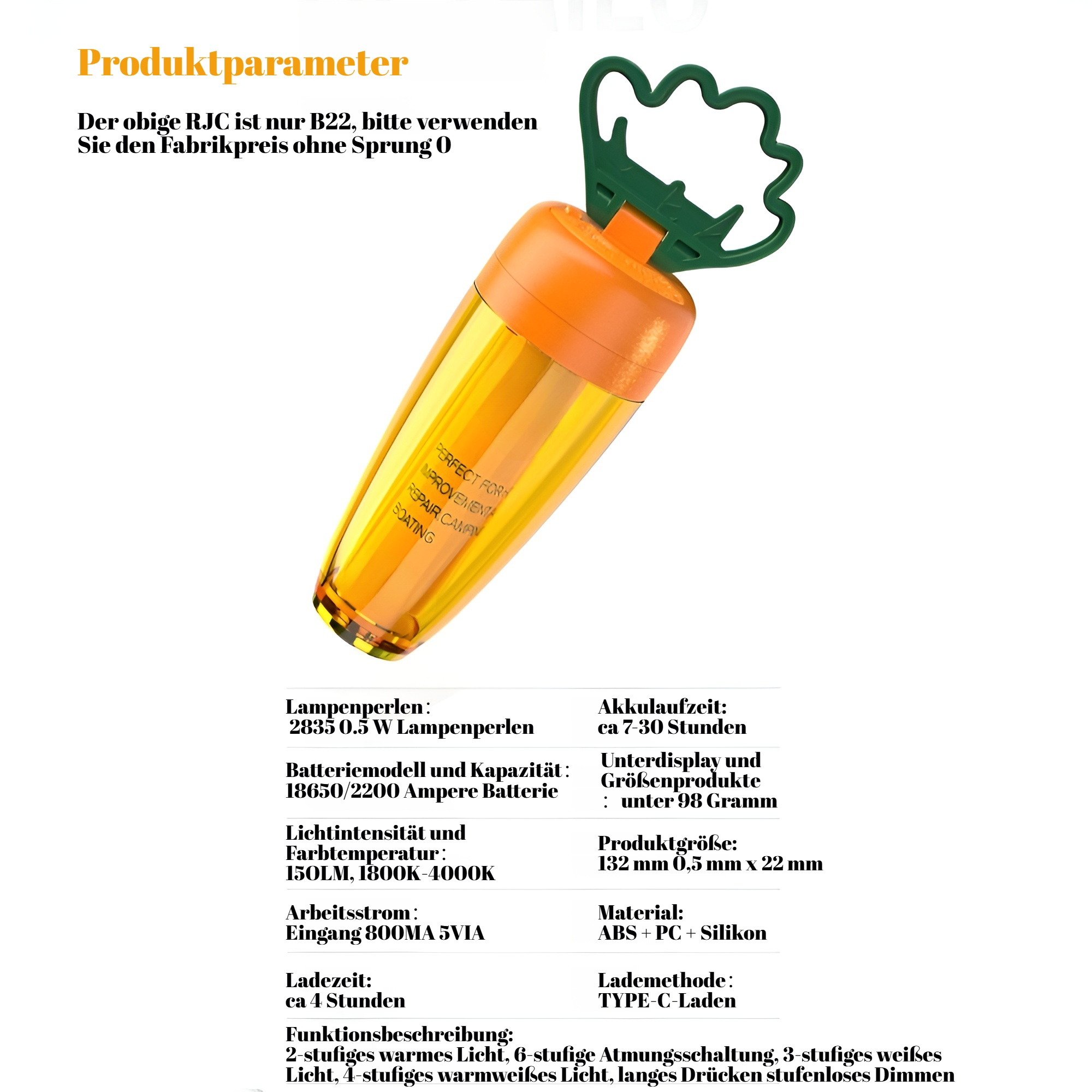 Campinglicht Super Lange Batterielebensdauer Rettichlicht Magnetisches Campinglicht USB-Aufladung Ou