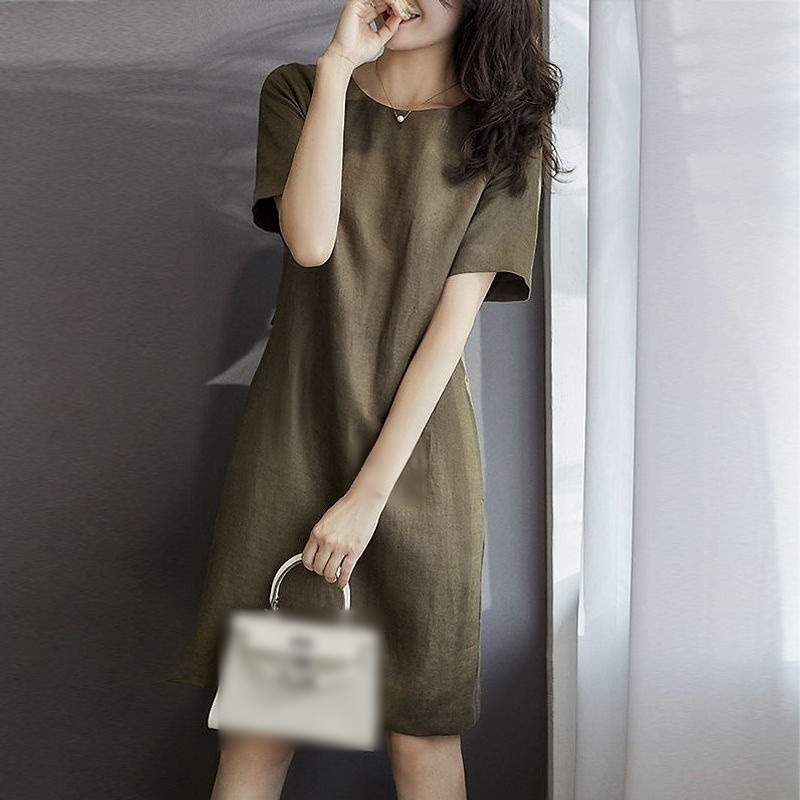 無地ポケット付きボウタイ半袖ワンピース