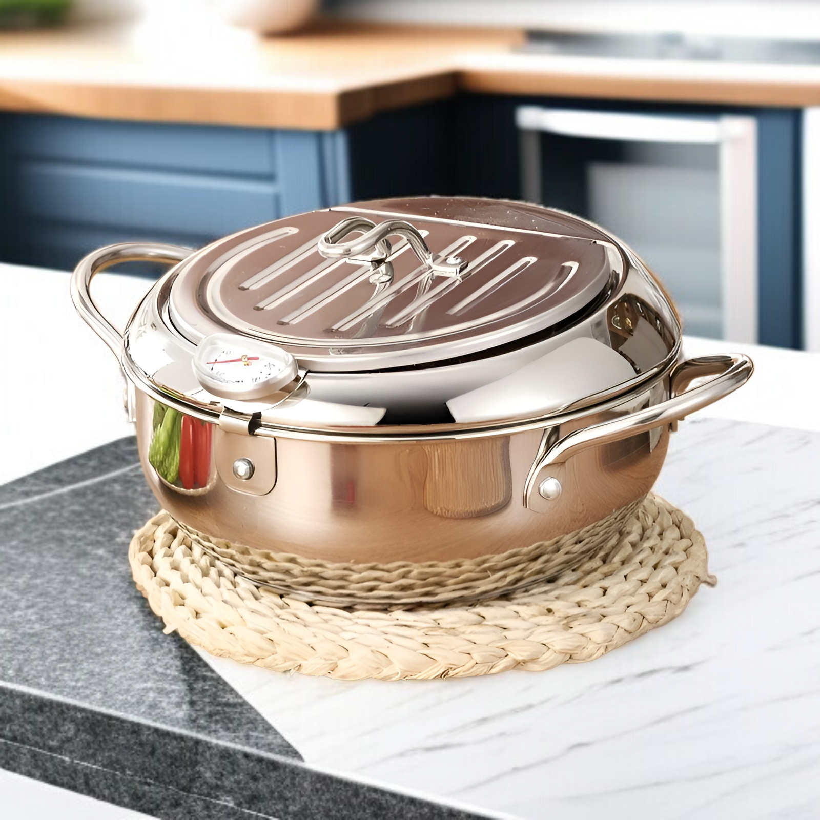 Detalle del mango ergonómico de la sartén de acero inoxidable