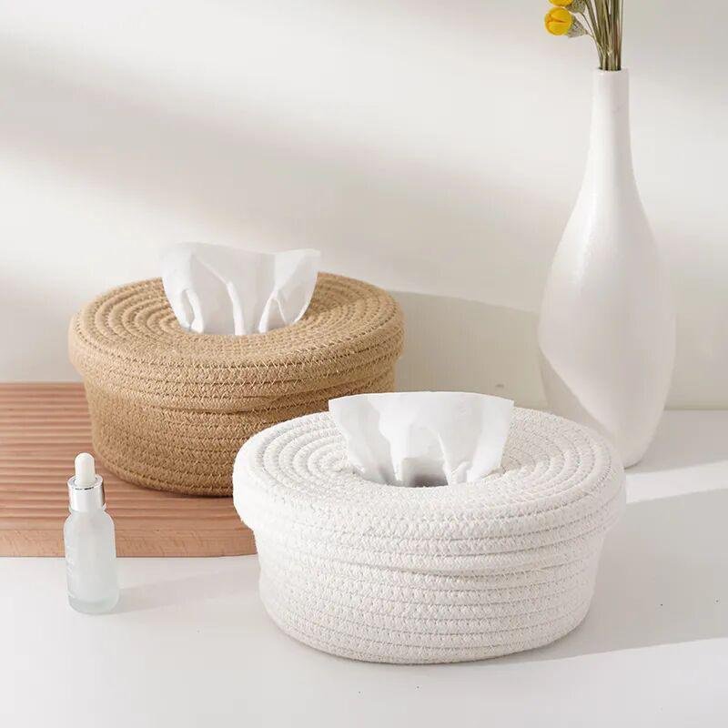 Boîte de rangement pour mouchoirs en corde de coton avec couvercle, pour salon et table à manger