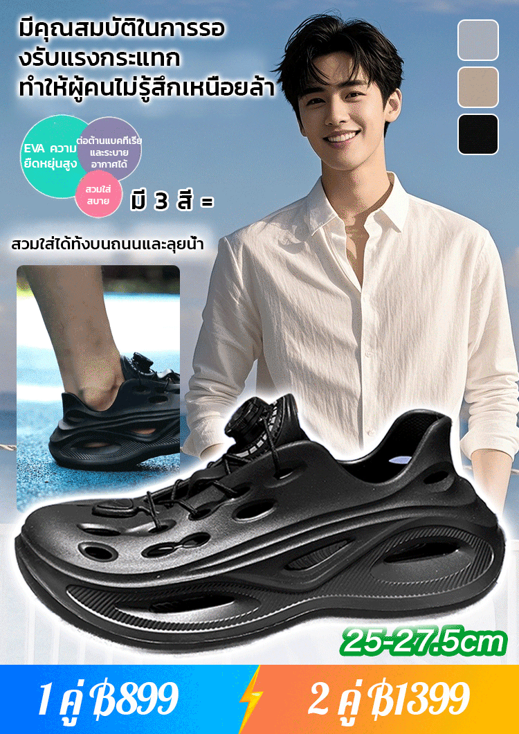 【ไม่ต้องผูกเชือก】รองเท้าฉลุลลายลำลองผู้ชายแบบมีปุ่มหมุนกันลื่นได้