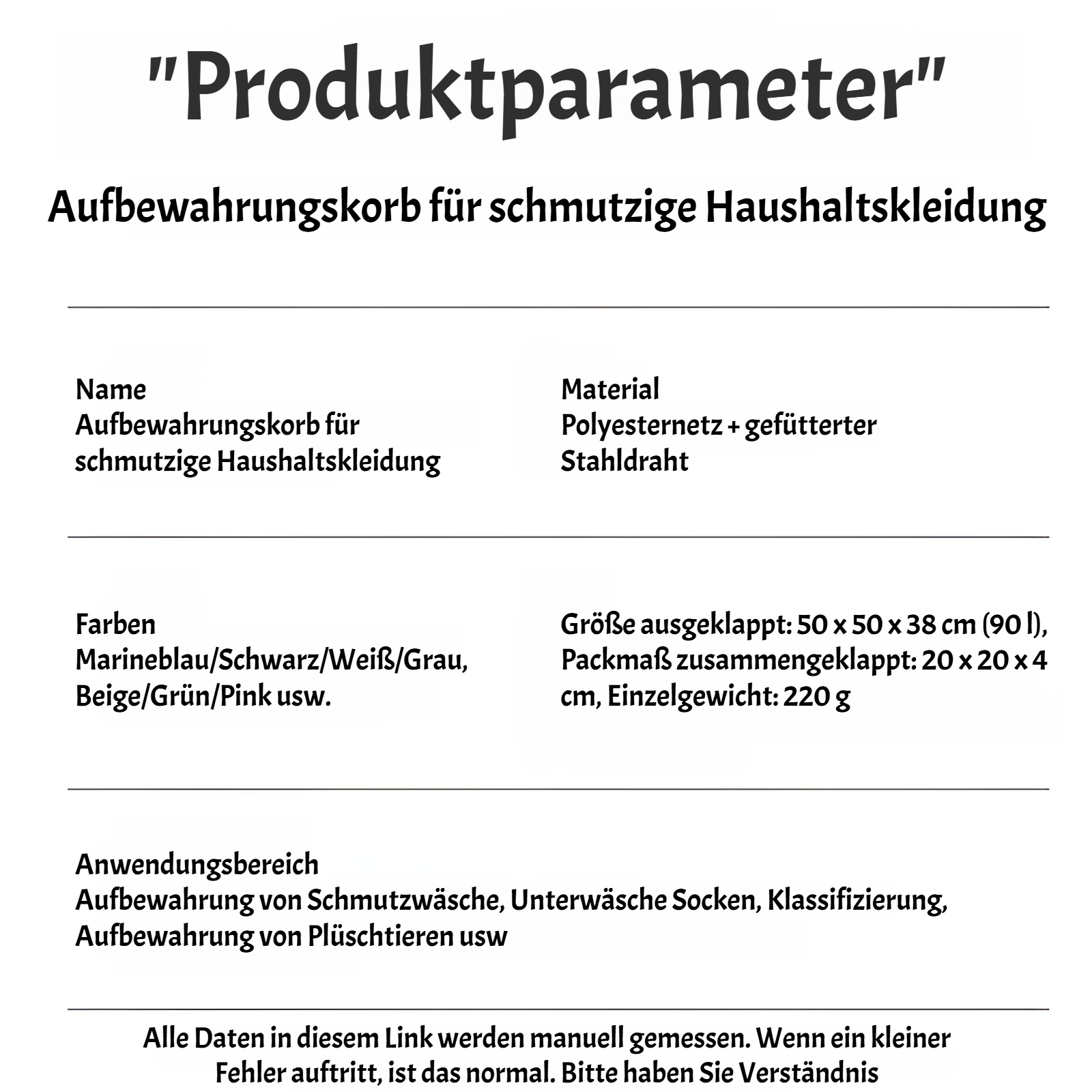 Großer Wäschekorb mit 90 l Fassungsvermögen, faltbarer Aufbewahrungskorb für schmutzige Kleidung, gr