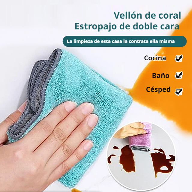Esponja de limpieza de doble cara de felpa gruesa coral