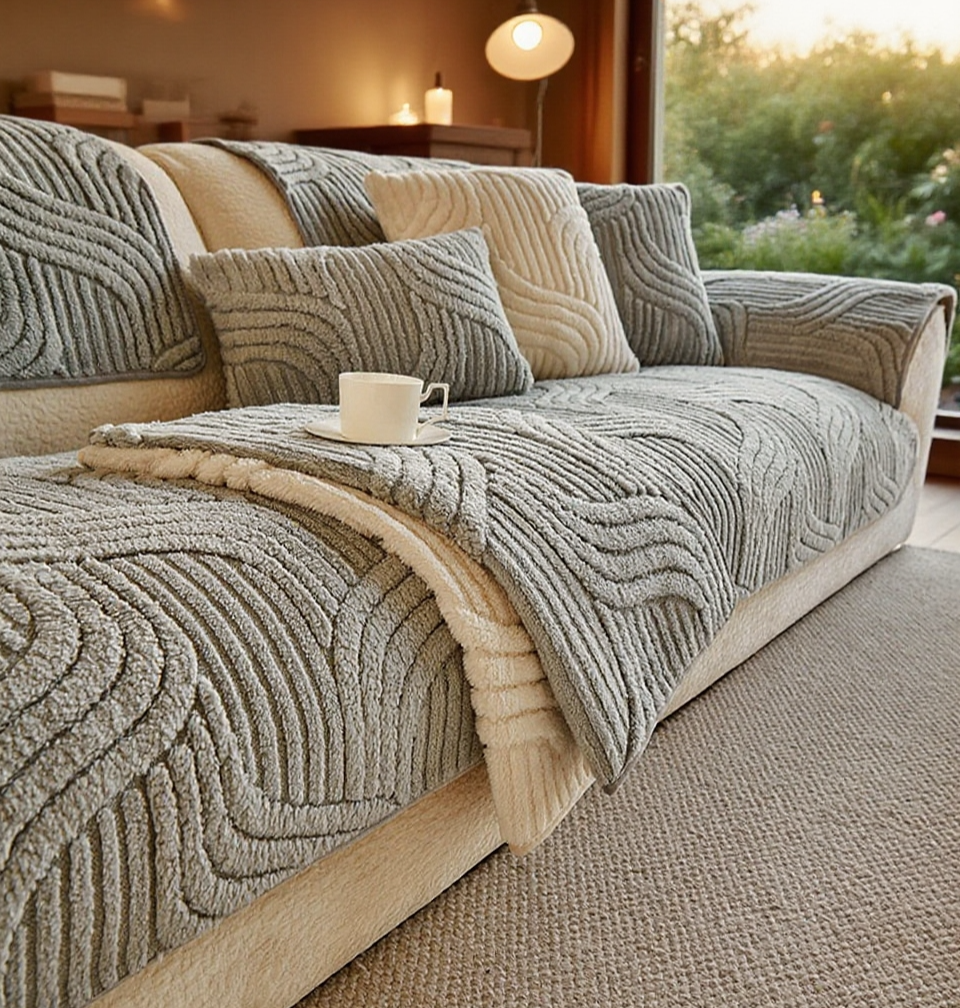 Living room with cotton velvet sofa cover decor