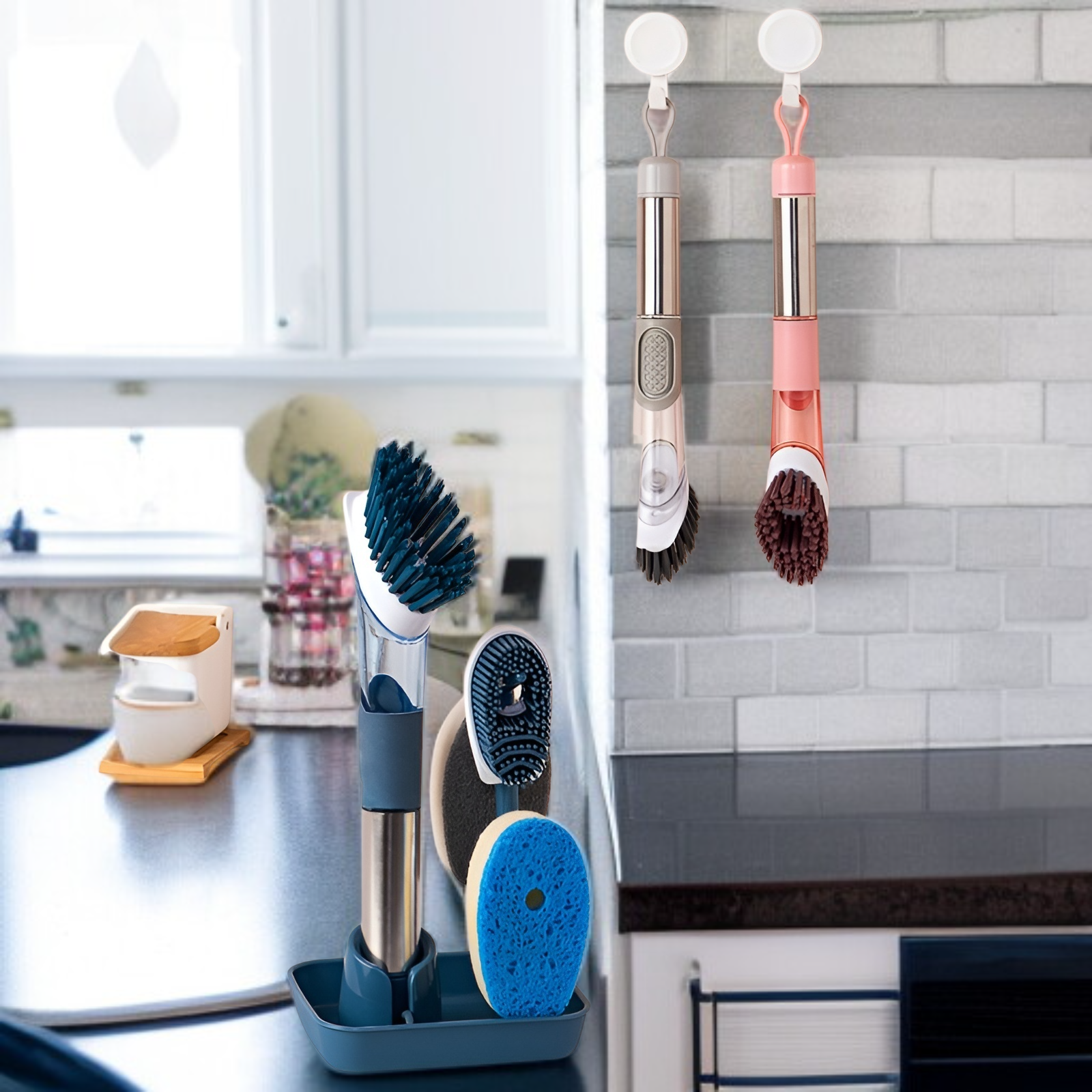 家庭用フォーインワン長柄キッチン食器用洗剤自動液体ポットブラシスポンジナイロン交換用プッシュ式ポットブラシ