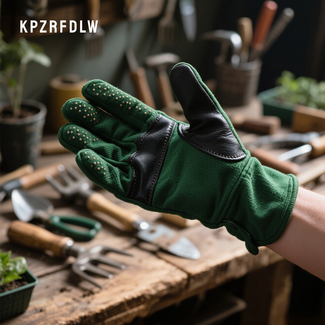 手にフィットする作業用手袋を着用する様子