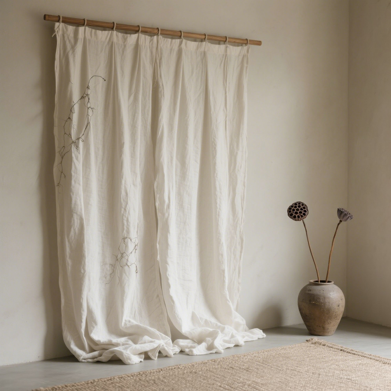 Cortina de lino estilo vintage, madera natural, transpirable pero no transparente