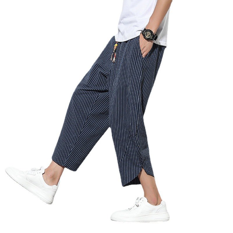 夏のゆったりリネンワイドパンツ メンズ・ルーズ・ワイド・レッグ・パンツ セブンポイント・ワイドパンツ ストライプのワイドパンツ