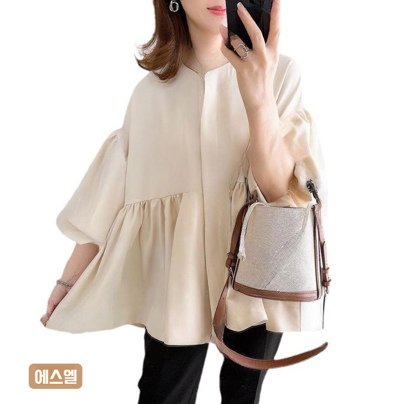 인형 셔츠 암문 라운드 루즈 탑 전체 이미지