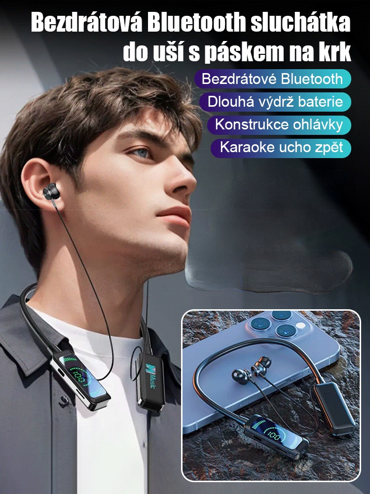 Bezdrátová bluetooth sluchátka na krk pro karaoke.