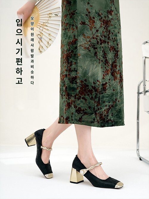 엘레강스 힐 신중국 여성화 스퀘어 미들 굽 엘레강스 스몰카우 단화