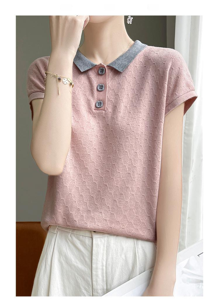 女性用ジャカード半袖ニットTシャツ