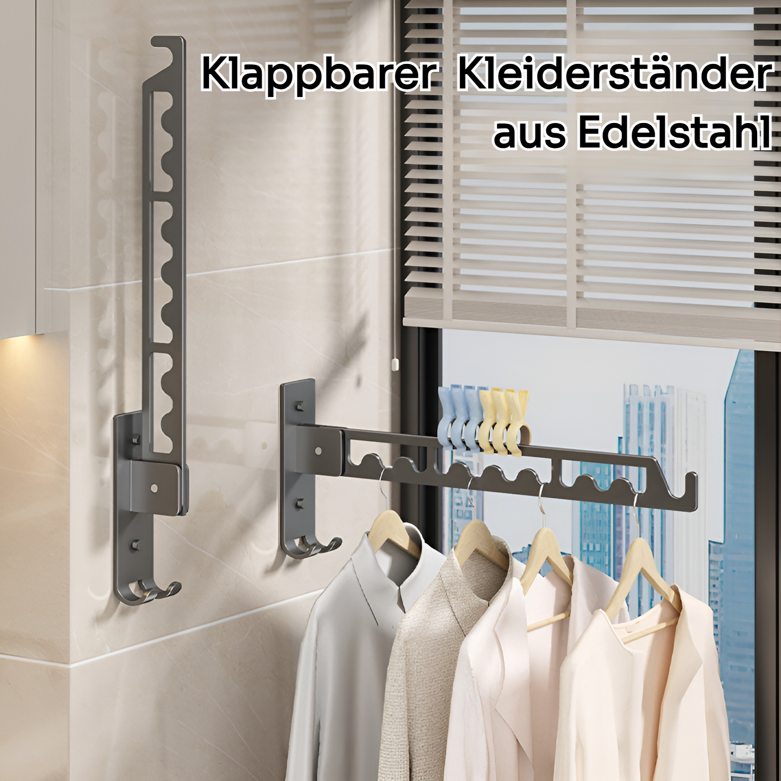 Schlagfreier, platzsparender, zusammenklappbarer Kleiderständer aus Aluminium für die Wandmontage, B