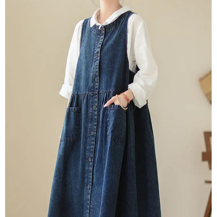  体型カバー夏デニムワンピース レディース ノースリーブミディスカート