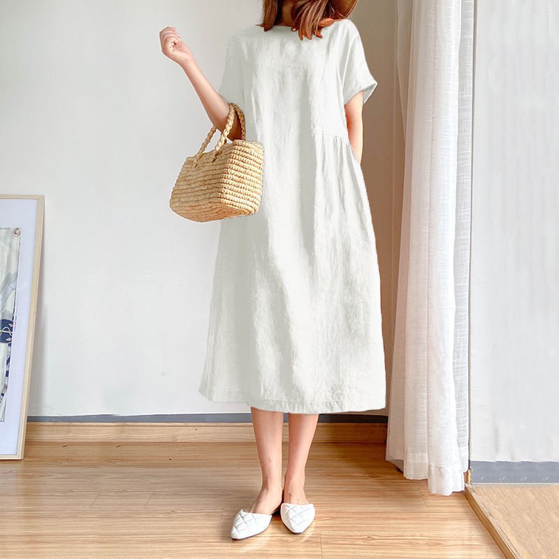 솔리드 컬러 코튼 앤 리넨 루즈 슬림 드레스