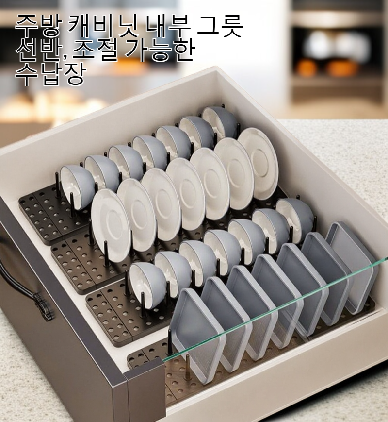 그릇을 정리한 조절 가능한 캐비닛 선반