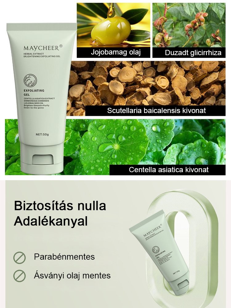 Gyógynövény kivonatokat tartalmazó ragyogást fokozó bőrradír gél