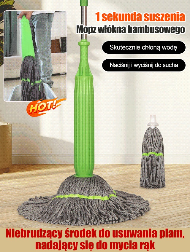 [Odwodnienie w 1 sekundę] Mop obrotowy z samoskręcającym się włóknem bambusowym