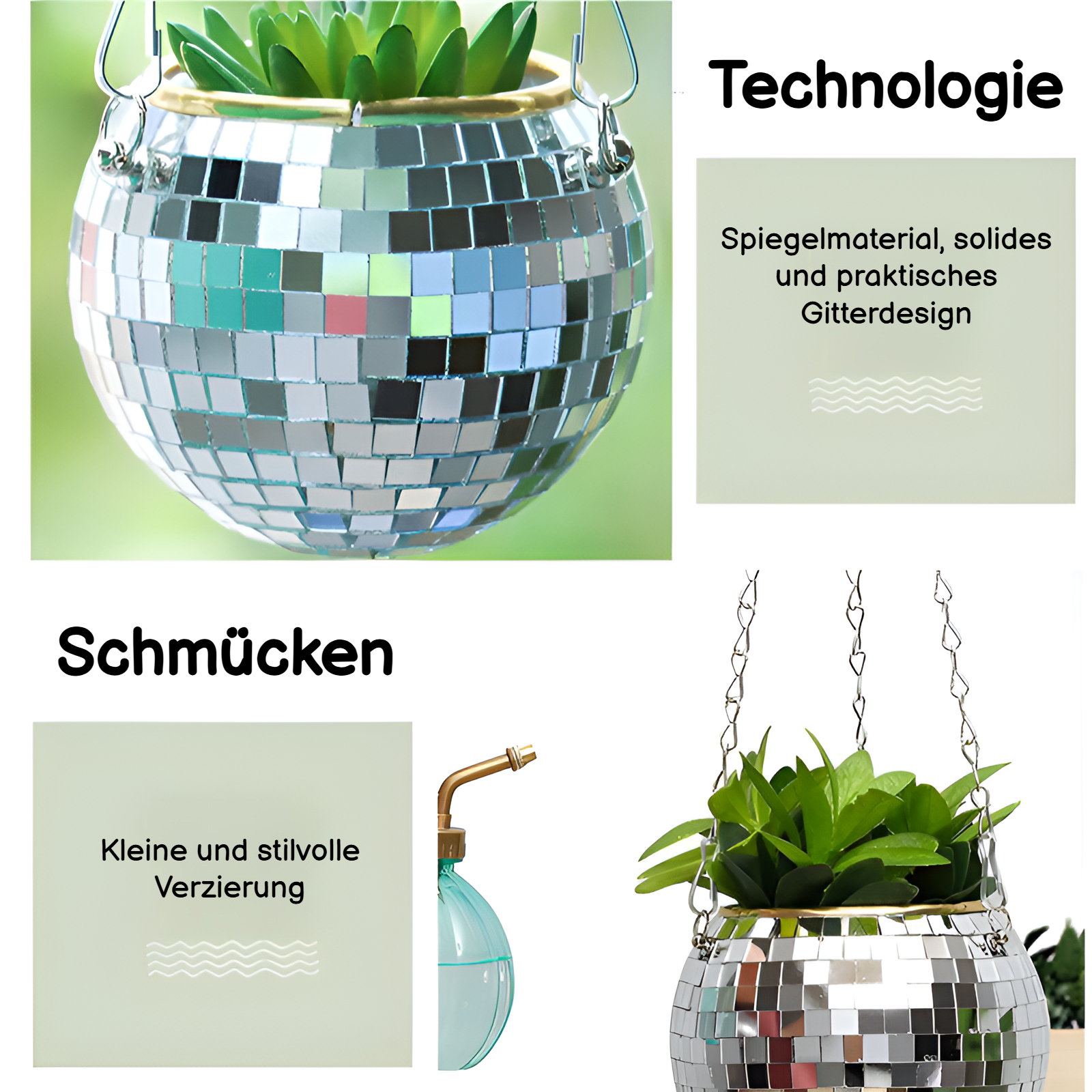 Disco Ball Hängekorb mit Blumen im Fenster