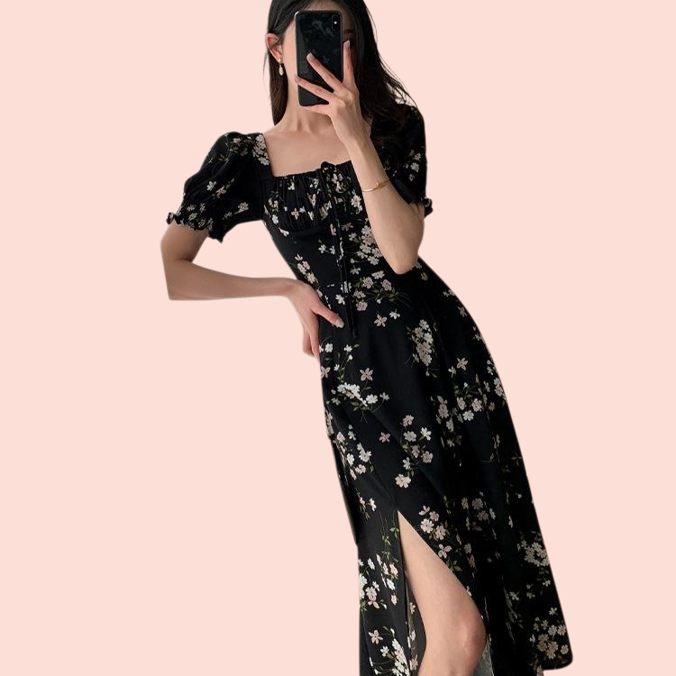 여름 쉬폰 트임 롱 원피스 반팔 플라워 미디 스커트