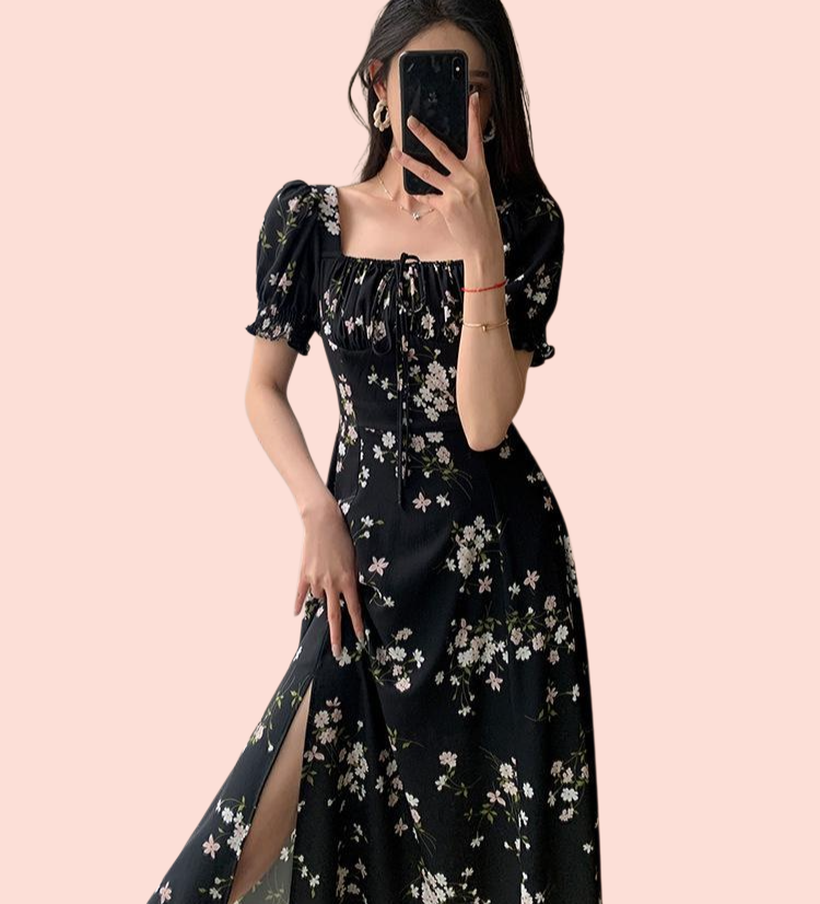 여름 쉬폰 트임 롱 원피스 반팔 플라워 미디 스커트