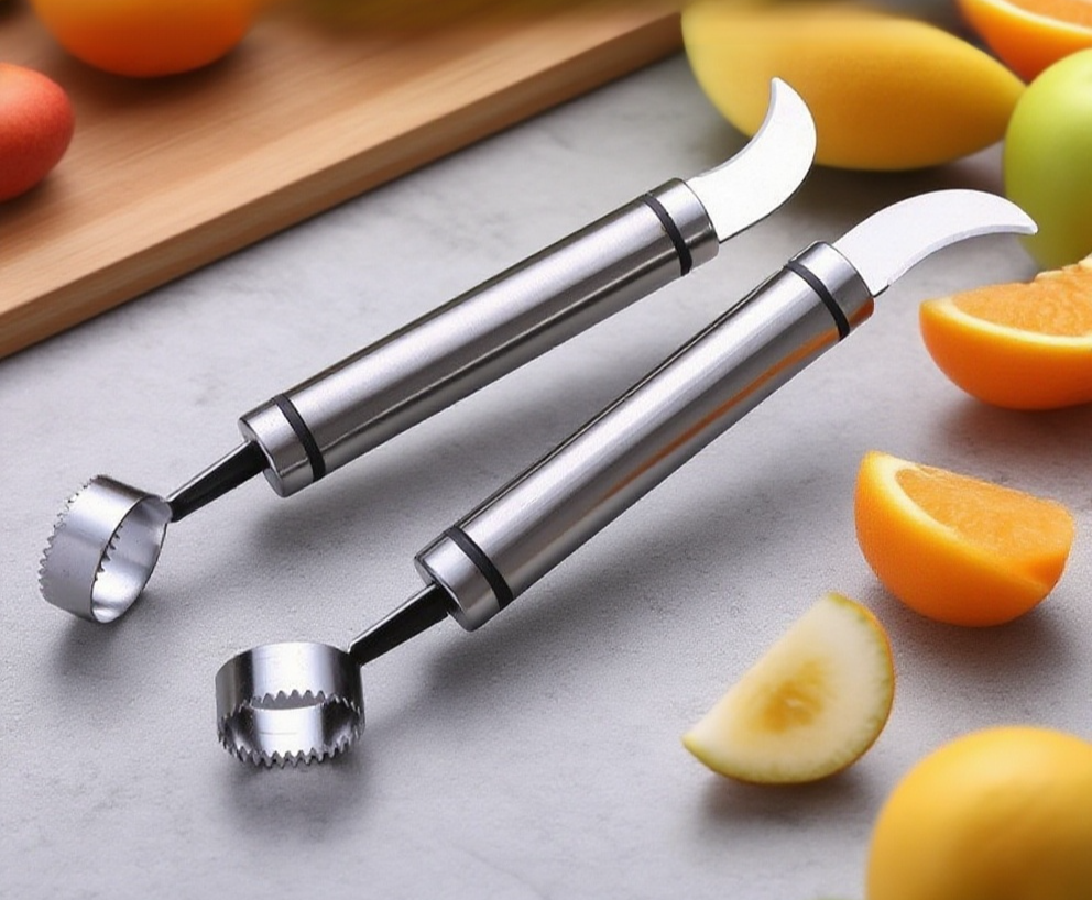 주방에서 사용 중인 스테인리스 스틸 과일 공구