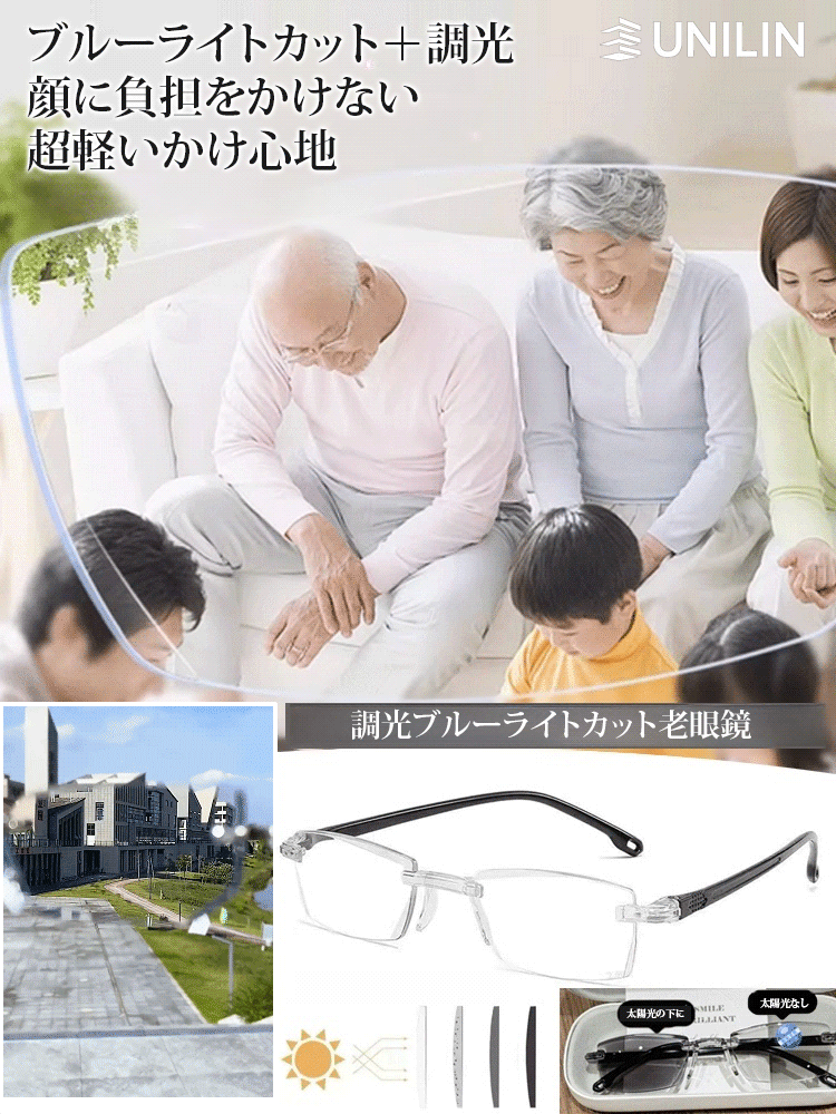 変色ブルーライト防止老眼メガネ 