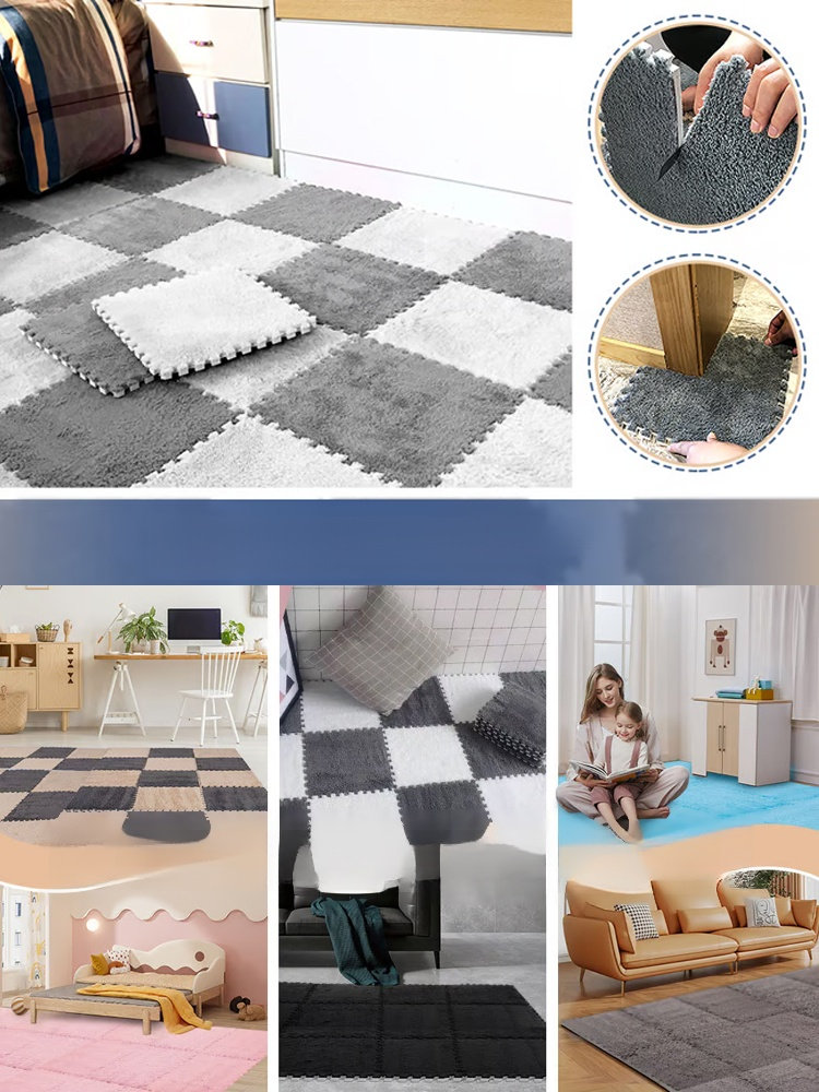 Langlebig und rutschfest: Bequemer und warmer Plüsch-Teppich mit Patchwork-Design.