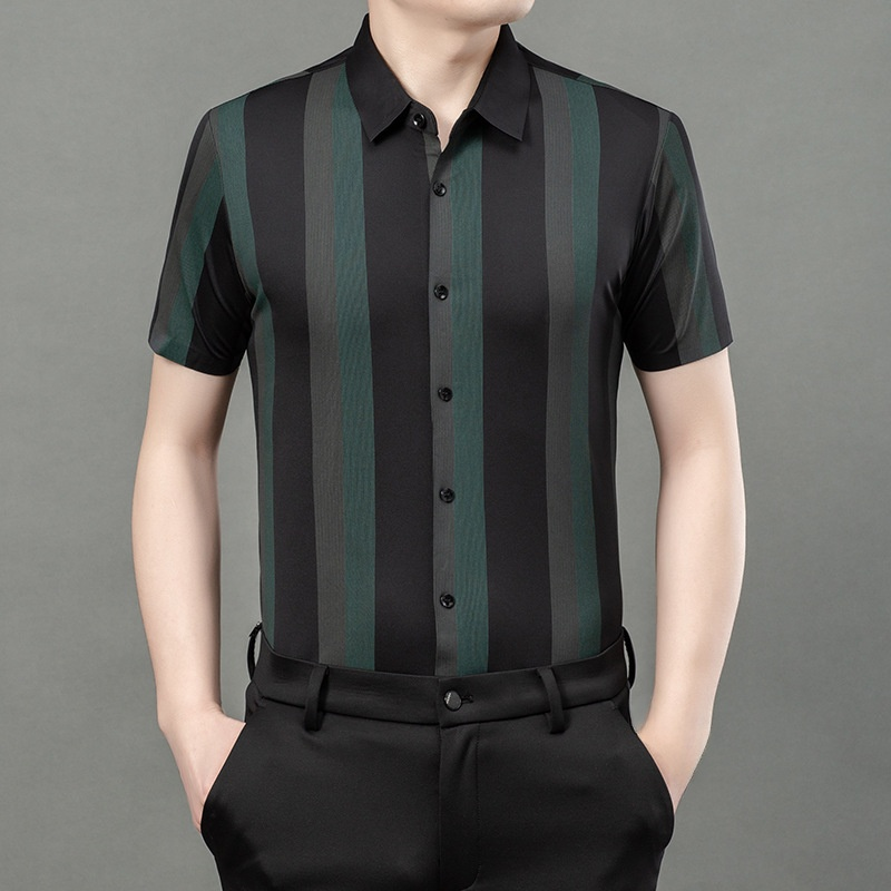 여름 날씬한 스트라이프 셔츠 아이스 쿨링 논스톱 중년 남자 반팔 상의